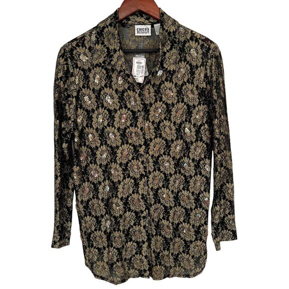 Chico's Tops - NEW NWT Chicos Design Size 2 Large Gold Black Sequin Blouse Shirt Top Formal